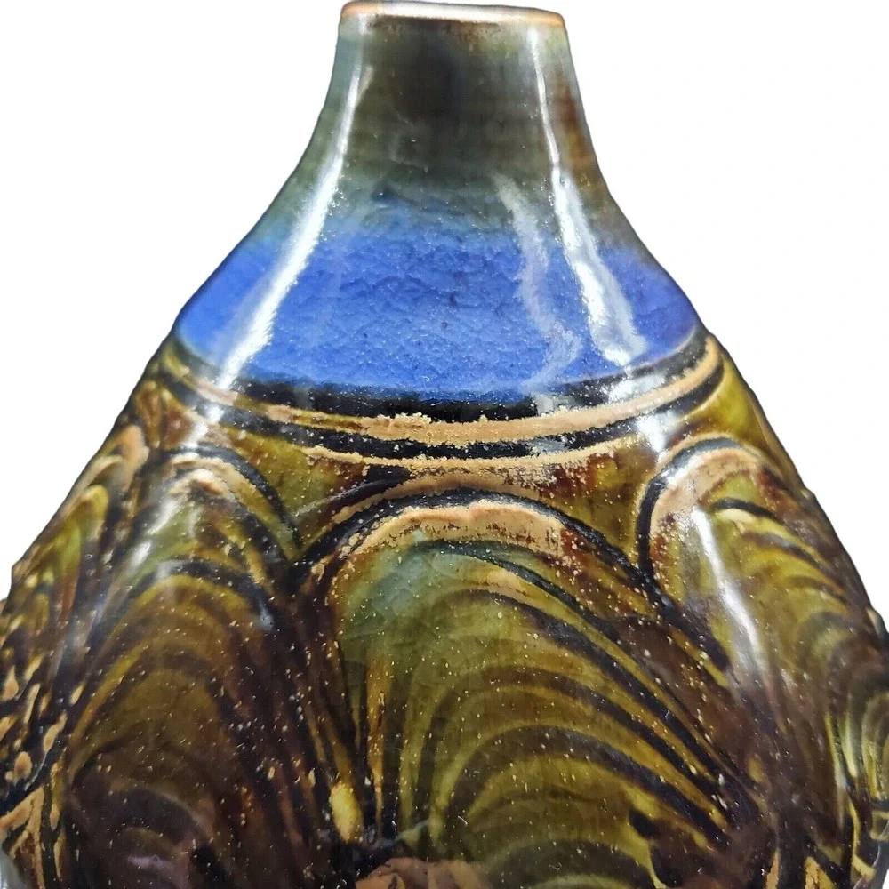 Fine Art Pottery Vase Eckles Brown Blue Olive Squat‎ Vessel Studio Ceramic Retro